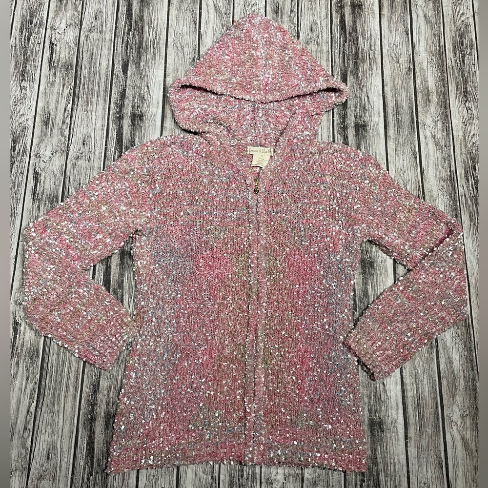 Girls Size 14 Emma & Elsa Knit Plush Pink/Multicolor Zip Front Hooded Sweater